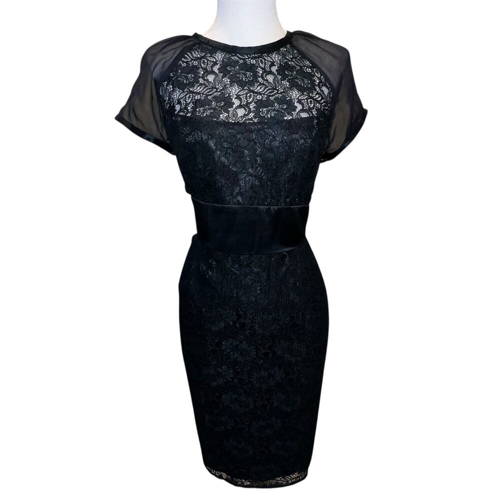 Laundry by Shelli Segal Black Lace Gothic Cocktail Dress Chiffon Sleeves Size 10